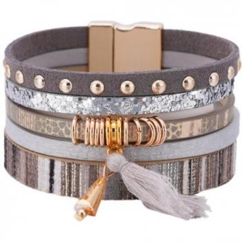 Multilayer Leather Bangle with Tassels and Crystals