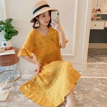 Cute Summer Maternity Shirt Dress with Lace Patchwork