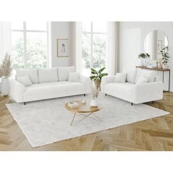 S-STYLE MÖBEL Viggo Polstergarnitur 3+2 in Weiß Boucle mit braunen Holzfüßen (skandinavisch)