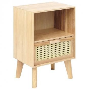 Comodino Boho in Legno Chiaro con Cassetto Frontale in Rattan 40 x 30 cm Seney
