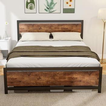 Lit double Homcom avec sommier et tête de lit en acier, finition bois noir – matelas 200 × 160 cm
