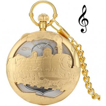 Reloj de tren Steampunk dorado con función musical