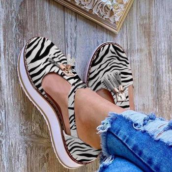 Sandalias de mujer con patrón cebra, hebilla y correa, flecos sólidos, plataforma plana, sandalias informales en tallas grandes