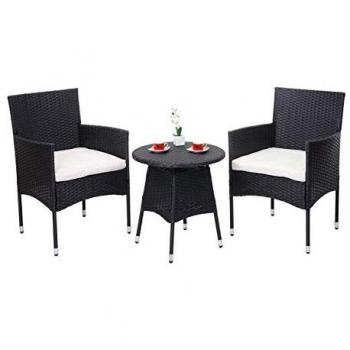 Set de muebles de balcón HWC-G27, 2 sillones y mesa antracita, cojines crema