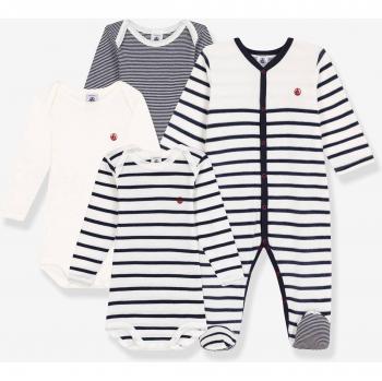 PETIT BATEAU Lot Pyjama + 3 Bodies Rayés Bleus