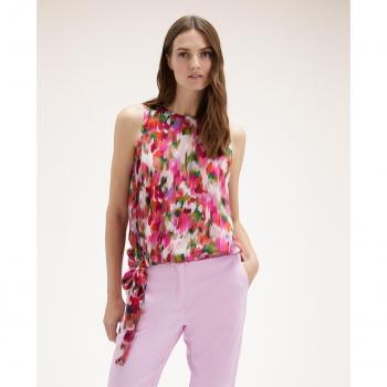 Blusa china de raso Motivi con estampado de flores y nudo en el escote