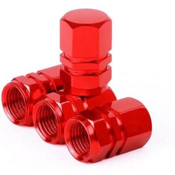 Auto Ventilstielkappe, roter Hexagon, 4‑teilige Metalloptik
