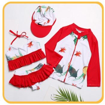 Children's 4-Piece Long Sleeve Polka Dot Swimsuit and Bikini Set