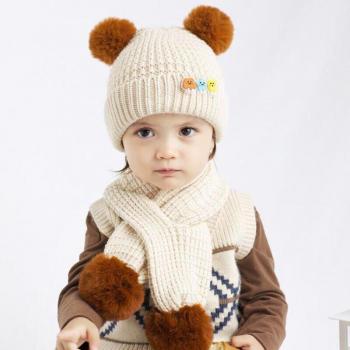 Double Fur Ball Winter Hat and Scarf Set for Children 1-4 Years