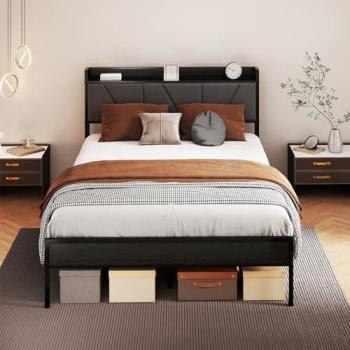 Double Levede Platform Bed with Linen Headboard and Built‑In Storage (Black)
