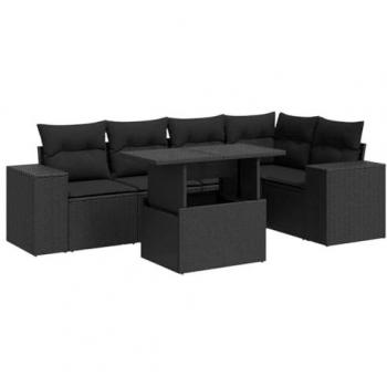 6-Piece Garden Sofa Set in Black Poly Rattan with Cushions