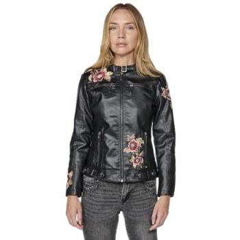 KOROSHI Cazadora estilo cuero negro con estampado floral bordado y cremallera