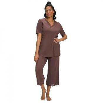 Pigiama donna con ricami, scollo a V, mezze maniche, marrone, taglia 56/58