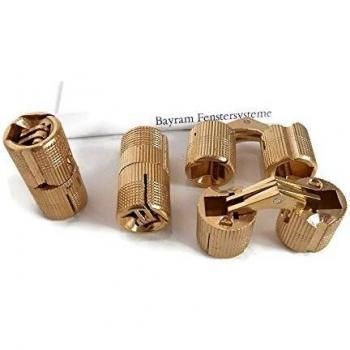 Einbohrband Zysa Messing 12 mm | Zylinderscharnier für 17-22 mm Holz | 180° Öffnungswinkel | unsichtbares Möbelband