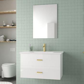 Salle de Bains Luxe 80 cm – Lavabo Céramique, Miroir, Or Doré