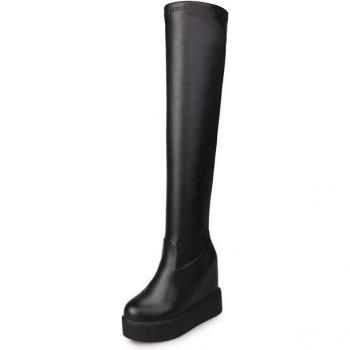 Women's Black Long Leather Winter Boots with Hidden Heel