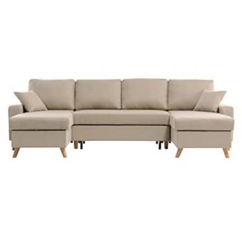Canapé d'Angle Panoramique Convertible Scandinave Beige avec Coffres