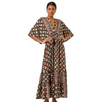 Robe maxi Roman à volants et motif géométrique noir