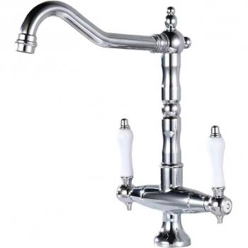 Robinet d’évier à rotation complète 360°, double poignée, acier inox brossé avec protection anti-chrom
