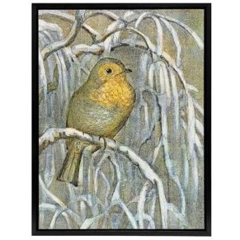 Winter Bird on Bare Branch – 24 x 32 Framed Canvas Art by Artery8