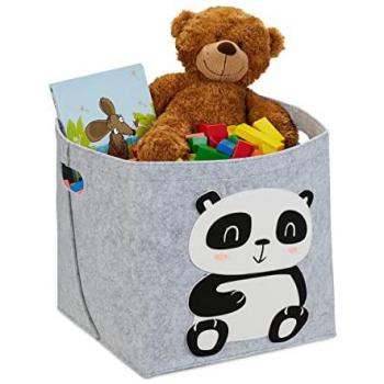 Kids’ Folding Felt Storage Bin – Panda Design, 33×34×32 cm, Grey