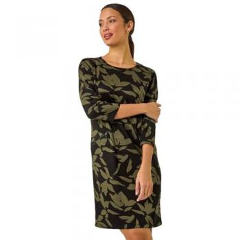 Khaki Leaf-Print Shift Dress for Women – Size 20