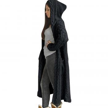 Veste Longue en Tricot Noir à Capuche, Pull pour Femmes, 4XL-5XL