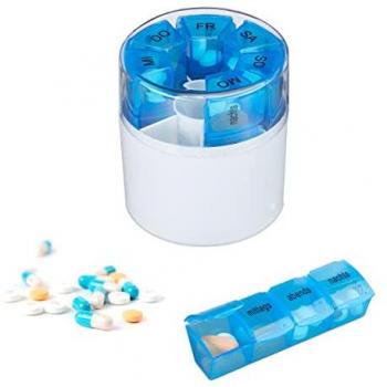 Pilulier 7‑jours Relaxdays – boîte à comprimés 4 compartiments (matin/midi/soir/nuit), sans BPA, blanc/bleu