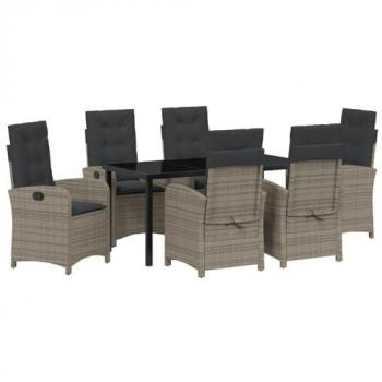 Set de repas en plein air 7 pièces, coussin gris rattan