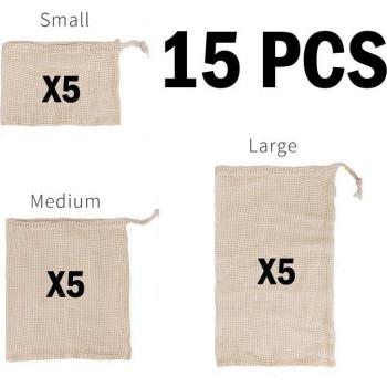 Sacs écologiques en filet de coton pour fruits et légumes, 3 pièces