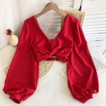 Blusa de manga larga con diseño sencillo y cuello en V para mujer, moda 2022