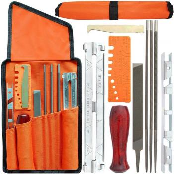 Chainsaw Chain Sharpening Kit – 10 pcs Set, Hardwood Handle, Round & Flat File Guide Bar Sharpener