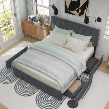 Cama Doble Confort 140x200cm en Gris, Cabecero Lino y 4 Cajones Integrados