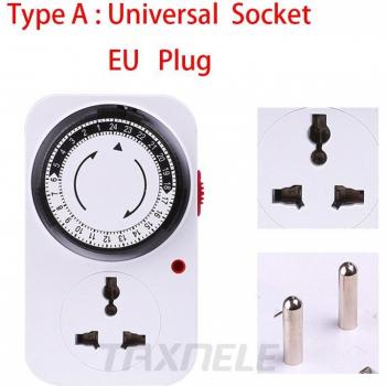 24-Hour Timer Switch with Universal Socket, 16A, 220V, EU Plug
