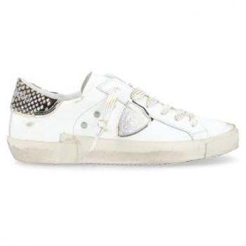 Philippe Model sneakers da donna prsx low woman in pelle total white con inserto pitonato blanc beige