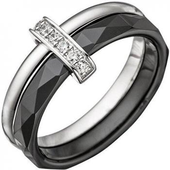 JOBO Silberschmuck: Schwarzer Keramikring für Frauen, Zirkonia‑Detail, Größe 60