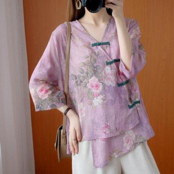 Blusa de Lino con Estampado Floral para Mujer