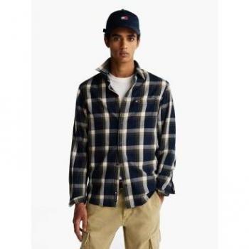 Dunkelblaues Tommy Jeans Flannel‑Karohemd – Herren XL – Regular Fit – 1‑Knopf‑Manschette