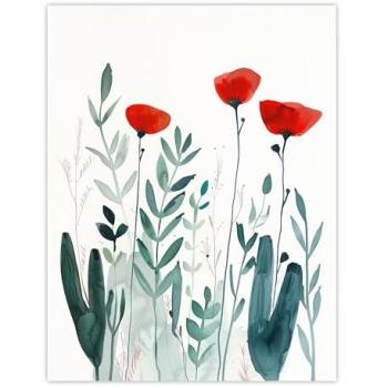 Poppy Burst Watercolor Poster – Red & Teal in Green Frame, 18 W × 24 H