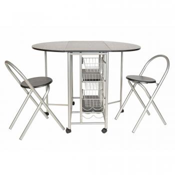 Conjunto de mesa y sillas de cocina 3 piezas con ruedas marco de metal MDF plata y negro