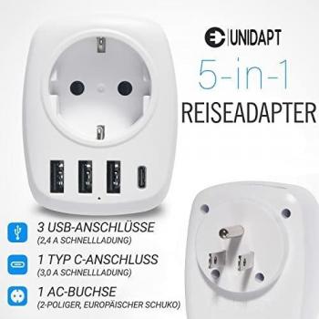 Weißer Unidapt Reiseadapter EU zu USA mit USB & Typ‑C Anschluss
