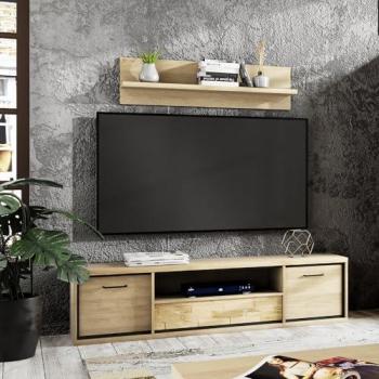 2-teilige Wohnwand MEGARA-161 in Eiche mit Lowboard und Regal