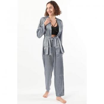 Completo camicia da notte e vestaglia a pois blu L