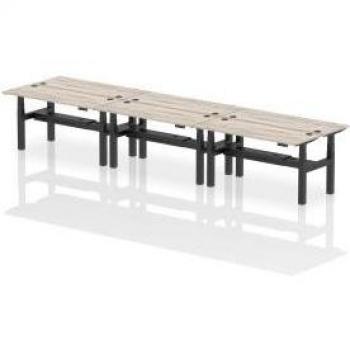 Dynamic Air Back-to-Back W1600 x D600mm Height Adjustable Sit Stand 6 Person Bench Desk With Cable Ports Grey Oak Finish Black Frame