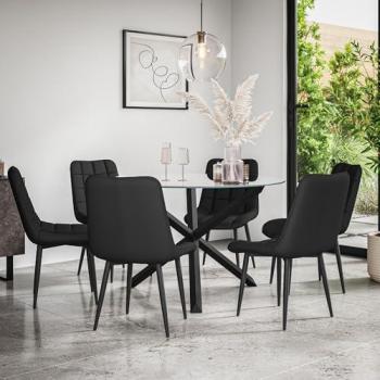 Malvern Luxe Clear Top Round Table with Solid Oak Black Legs + Nova Faux Leather 6-Seat Set