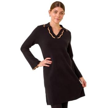 Roman Black Knit Dress with Scalloped Edges, Size 10 (Women)