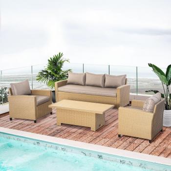 Outsunny 4 Pcs Outdoor PE Rattan Aluminium Conversation Sofa Set with Table & Cushions