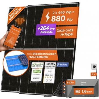 Solarway Balkonkraftwerk 880Wp mit 1,6 kWh Anker Solix 2 PRO Speicher