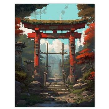 Tranquil Temple Steps: Red Torii Gate Painting for Home Decor