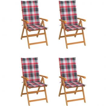 VidaXL Sillas de jardín 4 uds madera maciza teca cojines cuadros rojos